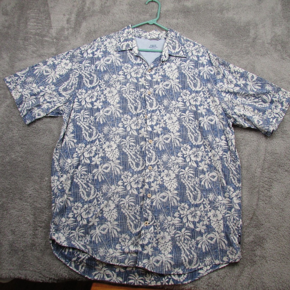 IZOD Shirt Mens XLT Blue Hawaiian Floral Short Sleeve Button Front Casual